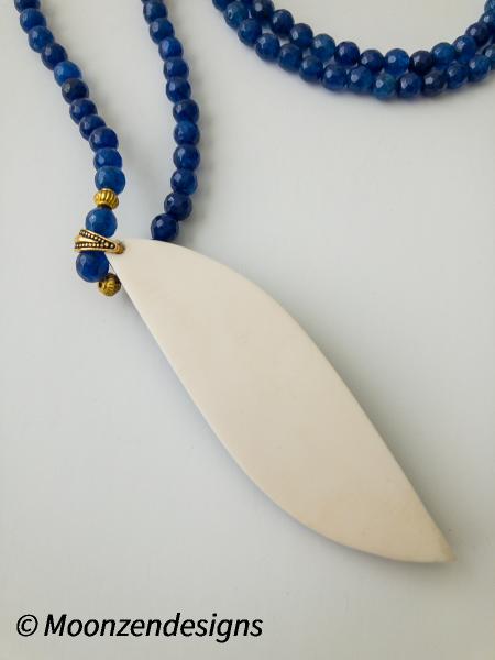 Tibetan Bone Pendant Necklace with Lapis Lazuli, Red Coral and Brass Mosaic with 6mm blue jade beads. picture