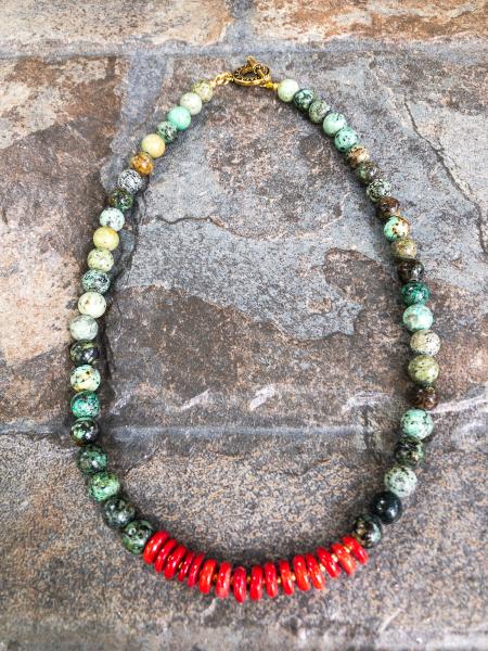 African turquoise necklace, red coral heishi beads picture