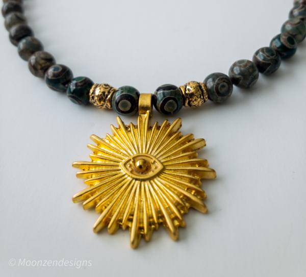 Tibetan Dzi Agate/Matte Gold Evil Eye Sun Ray Pendant Necklace picture
