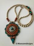 Tibetan Red Coral Pendant with Turquoise and Silver and 6mm Fossil Stone Gemstone Beads