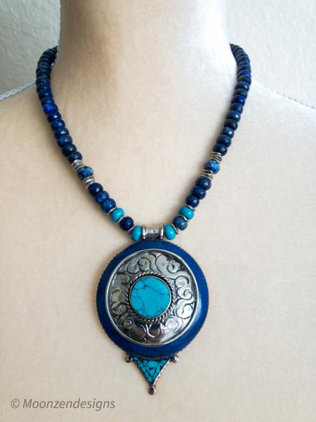 Tibetan Turquoise, Lapis Lazuli Ethnic Pendant with Lapis Lazuli and Turquoise Rondelle Beads