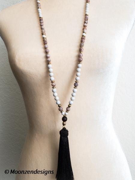 Mala-style Handcrafted Necklace, River Stone Beads, Peach Moonstone Beads picture