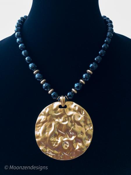 Black Onyx Necklace with 22K Gold Plated Hammered Pendant picture
