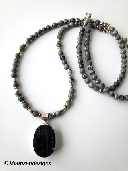 Handcrafted Necklace Grey Jasper Beads Black Tourmaline Pendant picture