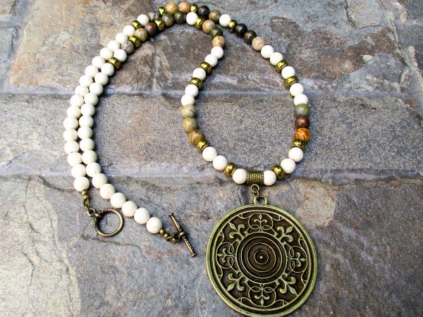 Jasper, fossil beaded necklace with tribal pendant