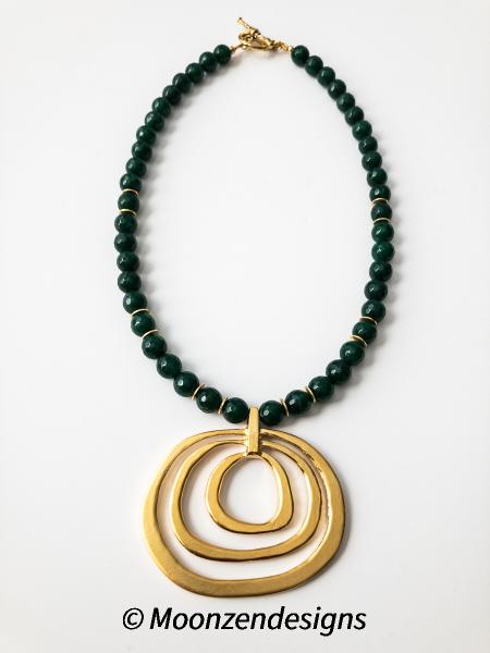 Handcrafted Necklace Dark Green Jade Beads, Matte Gold Pendant picture
