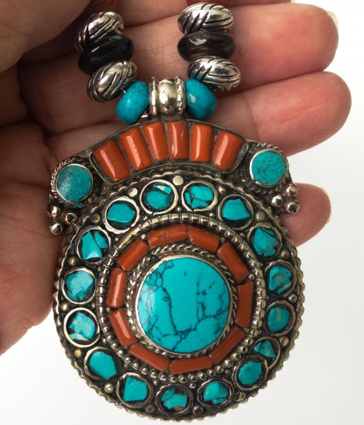 Coral Turquoise Tibetan Silver Pendant/Turquoise Rondelle Beads Antique Silver Spacers Necklace picture