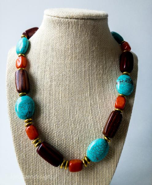 Oval Turquoise,Amber, Brass, Wood Beaded 20" Necklace picture