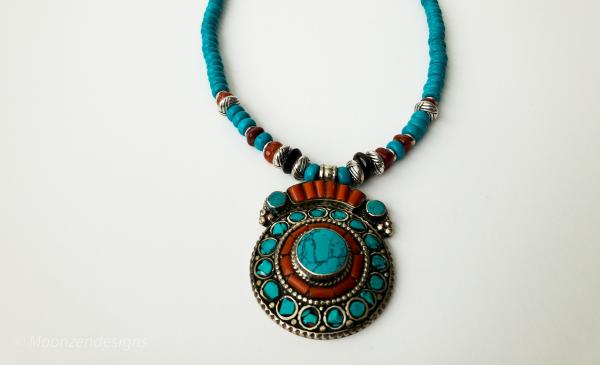 Coral Turquoise Tibetan Silver Pendant/Turquoise Rondelle Beads Antique Silver Spacers Necklace picture