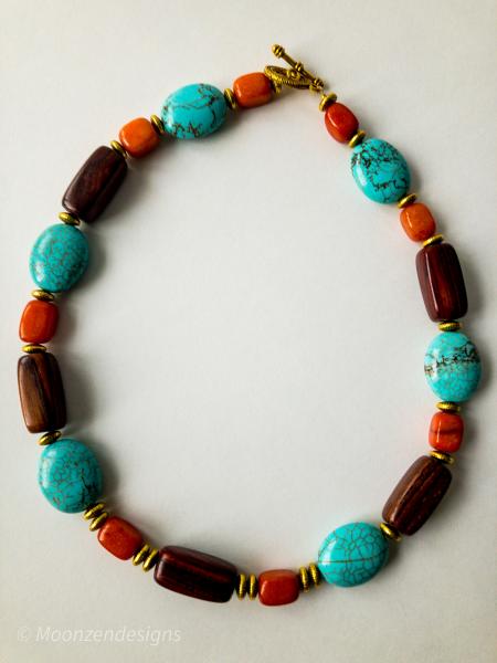 Oval Turquoise,Amber, Brass, Wood Beaded 20" Necklace picture