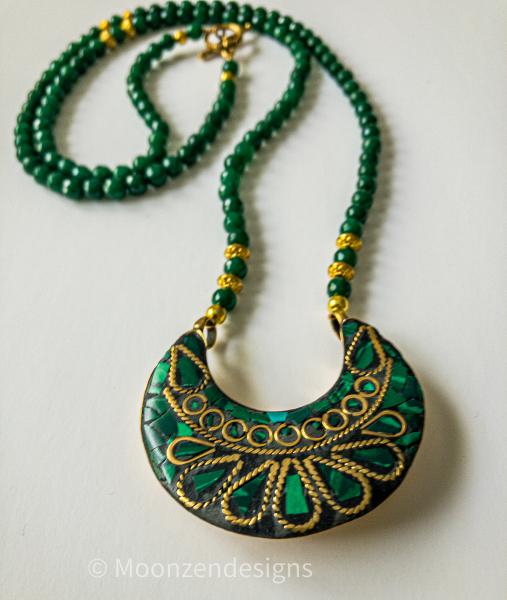 Handmade necklace with Tibetan Pendant and Green Jade Beads picture
