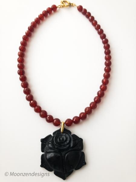 Black jade rose pendant, dark red carnelian beaded necklace picture