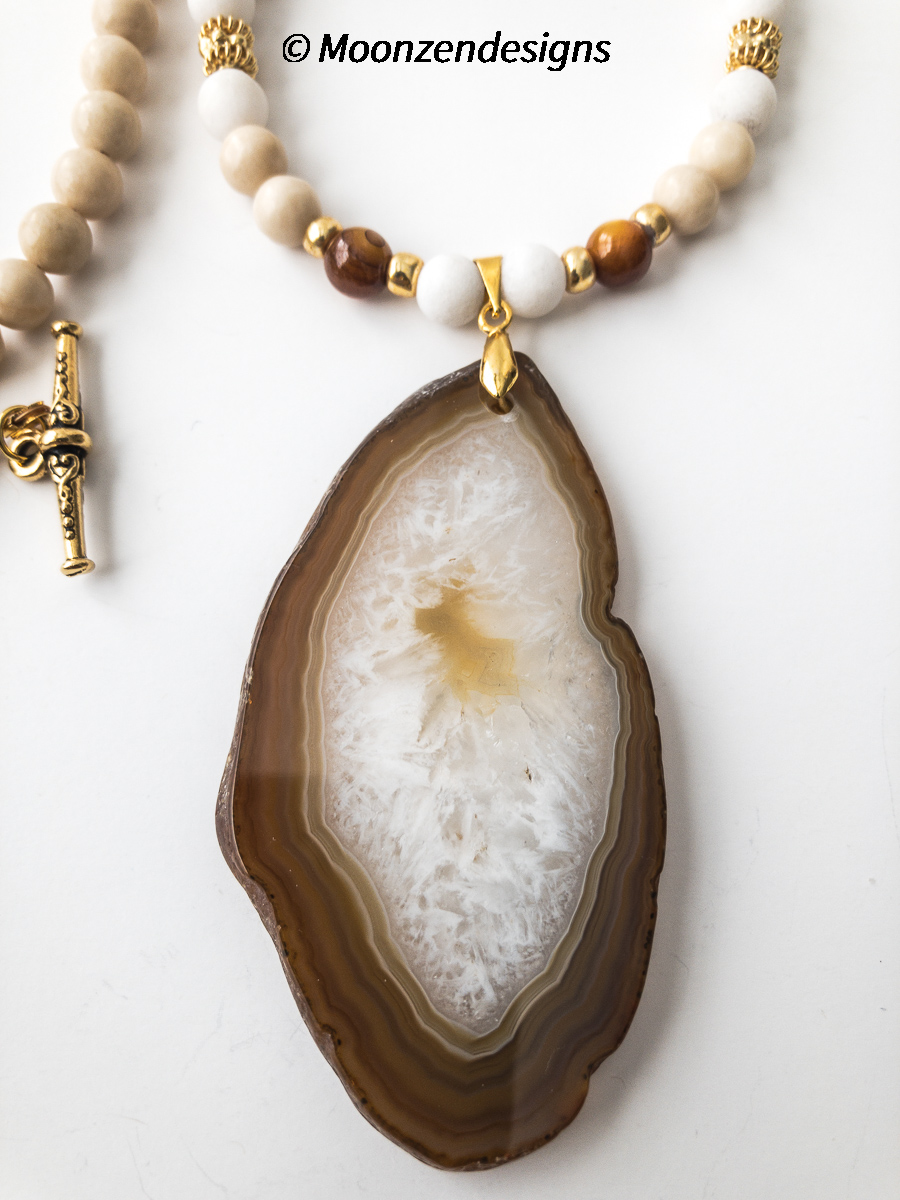 Natural tone agate slice, fossil beads, white jade necklace picture