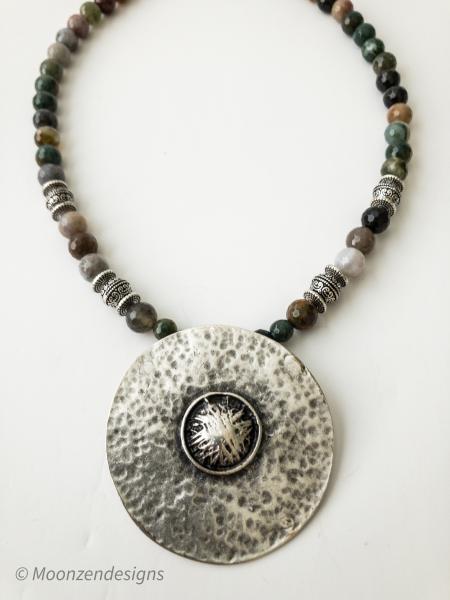 Indian Faceted Agate Beaded Necklace/Antique Silver Shield Tribal Pendant picture