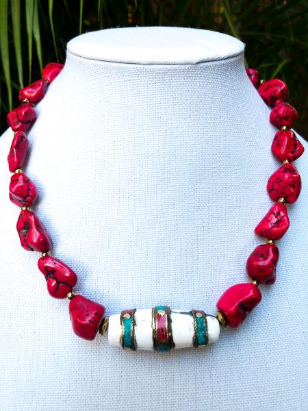 Red magnesite necklace with tribal pendant picture