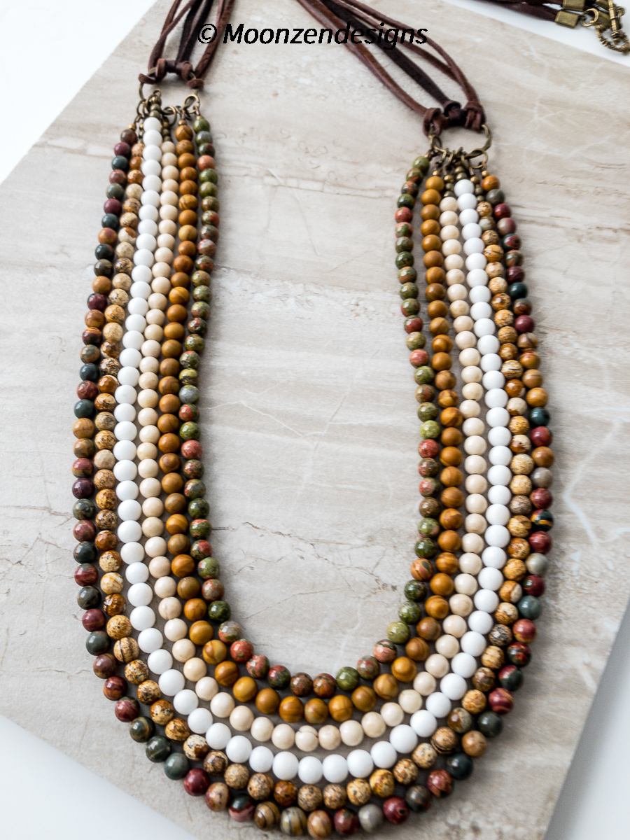 Multi-Strand Necklace, Jasper, Jade, Tiger Eye, Brown Suede picture