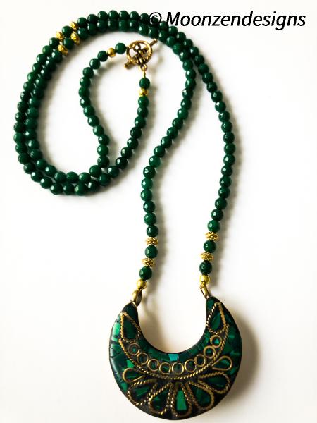 Handmade necklace with Tibetan Pendant and Green Jade Beads