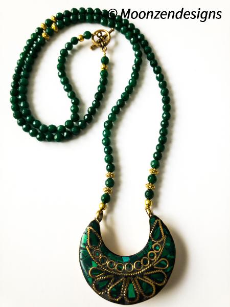 Handmade necklace with Tibetan Pendant and Green Jade Beads picture