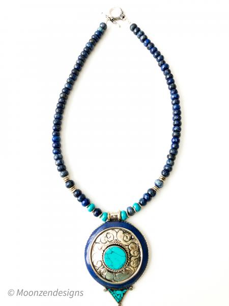 Tibetan Turquoise, Lapis Lazuli Ethnic Pendant with Lapis Lazuli and Turquoise Rondelle Beads picture