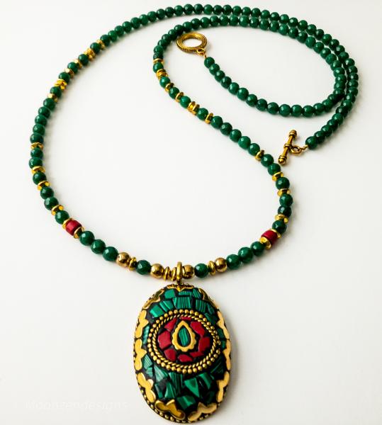 Tibetan Oval Pendant and Green Faceted Jade Beads, Brass Spacers,Red Coral Necklace