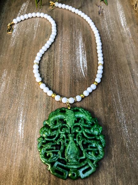 Black onyx necklace, black green jade pendant picture