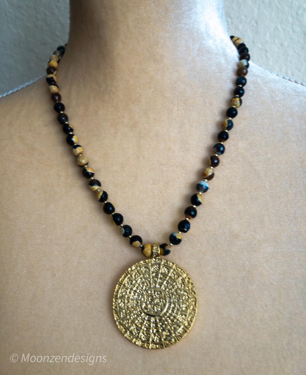 Greek Phaistos Disc Pendant/Yellow,Black Agate Beads Necklace picture