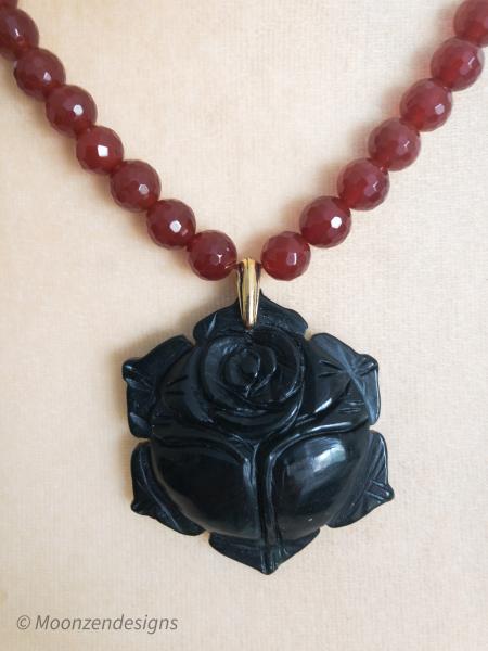 Black jade rose pendant, dark red carnelian beaded necklace picture
