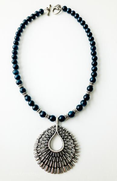 Gray Blue Tiger Eye Beads with Antique Silver Pendant Necklace picture