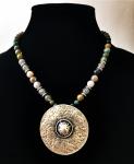 Indian Faceted Agate Beaded Necklace/Antique Silver Shield Tribal Pendant