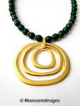 Handcrafted Necklace Dark Green Jade Beads, Matte Gold Pendant
