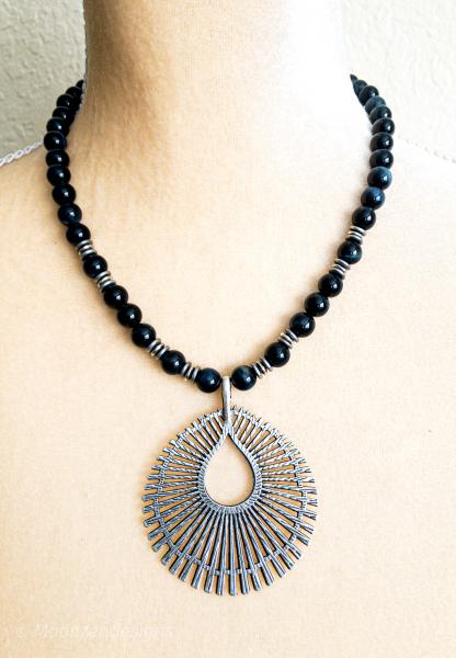 Gray Blue Tiger Eye Beads with Antique Silver Pendant Necklace picture