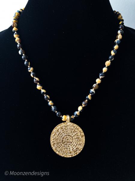 Greek Phaistos Disc Pendant/Yellow,Black Agate Beads Necklace picture