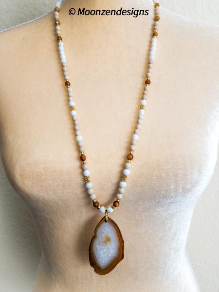Natural tone agate slice, fossil beads, white jade necklace picture