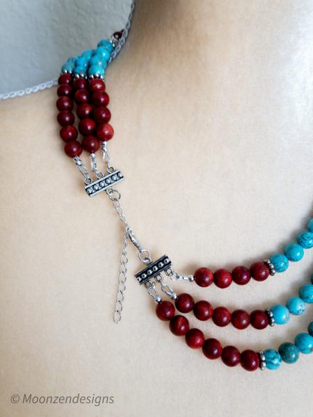 Multi-strand Necklace, Red Coral, Turquoise, Silver picture