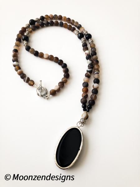 Black Onyx Pendant with Brown Stripe Matte Agate Beads picture