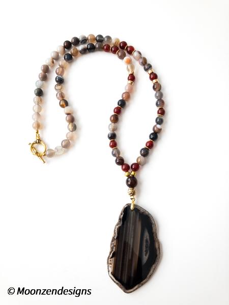 Handcrafted Necklace Blk/Brown Agate Slice, Agate Beads picture