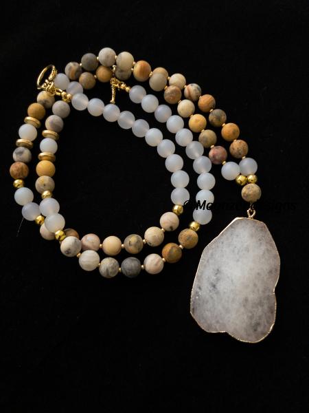White Quartz Pendant and Agate Beads