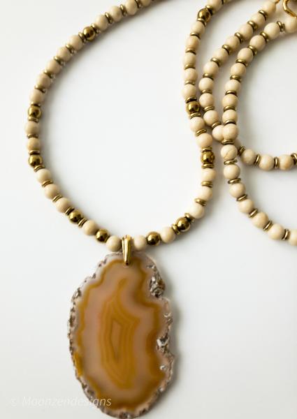 Handcrafted Necklace using Natural Agate Slice with Polished Fossil Beads picture