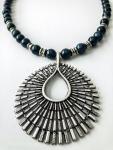 Gray Blue Tiger Eye Beads with Antique Silver Pendant Necklace