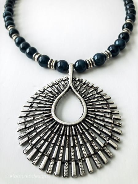 Gray Blue Tiger Eye Beads with Antique Silver Pendant Necklace