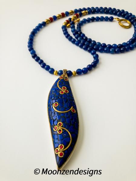 Tibetan Bone Pendant Necklace with Lapis Lazuli, Red Coral and Brass Mosaic with 6mm blue jade beads. picture