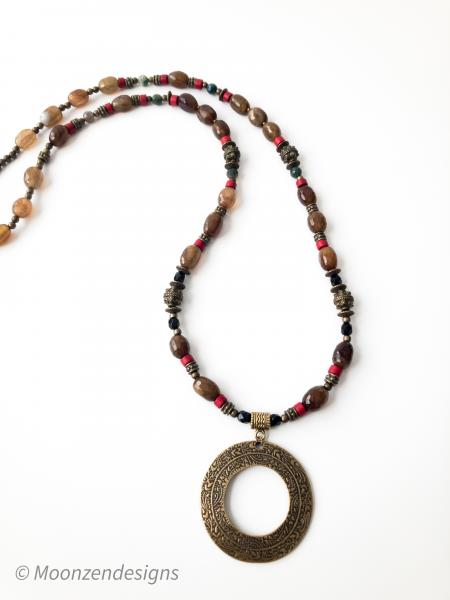 Handcrafted Bohemian Necklace, Round Ethnic Bronze Pendant, Agate, Heishi Beads picture