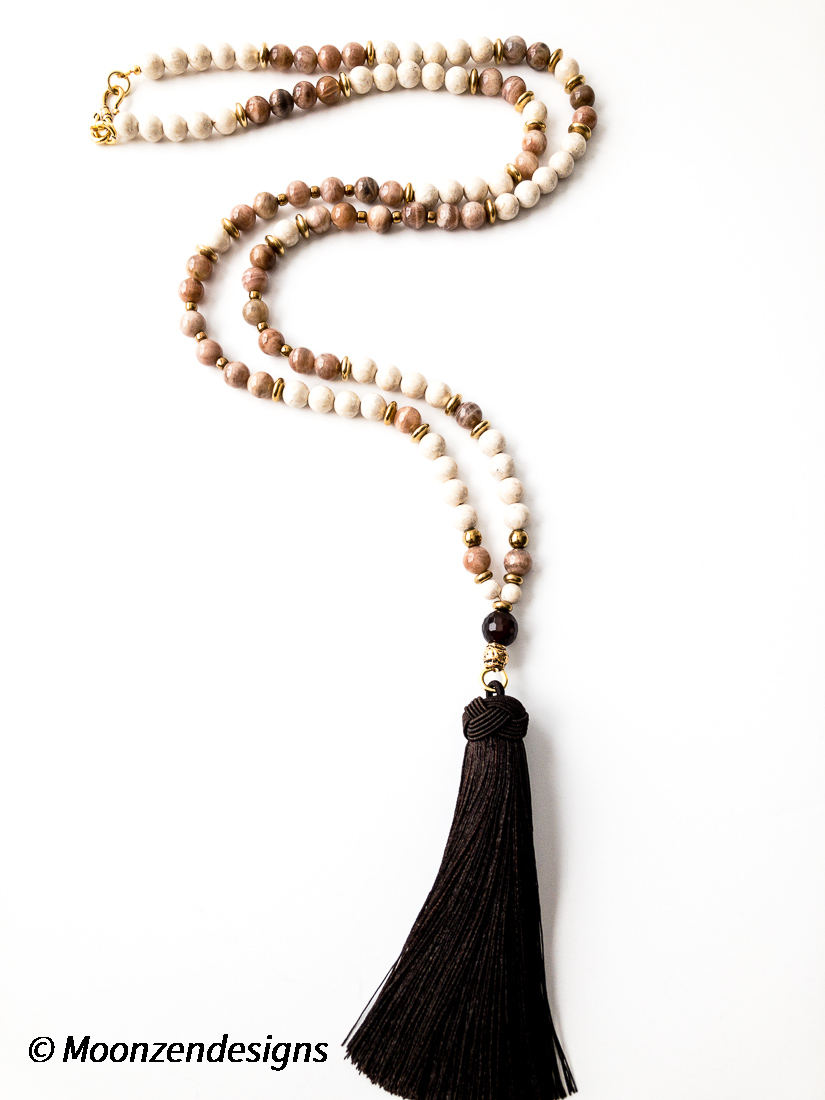 Mala-style Handcrafted Necklace, River Stone Beads, Peach Moonstone Beads picture
