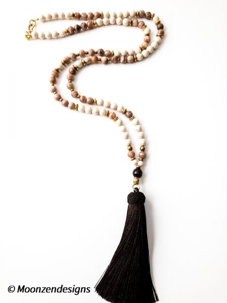 Mala-style Handcrafted Necklace, River Stone Beads, Peach Moonstone Beads picture