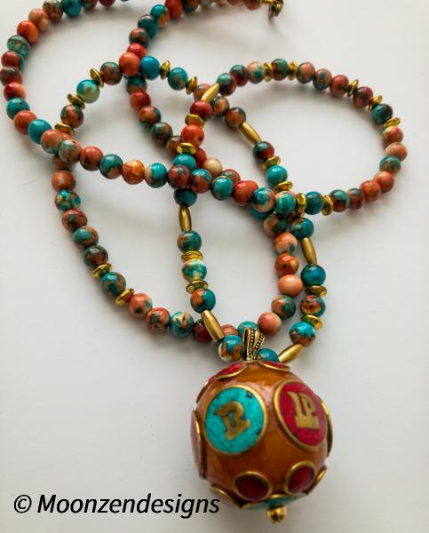 LargeTibetan Om mantra honey copal resin pendant with ocean jade gemstone orange blue beaded necklace picture