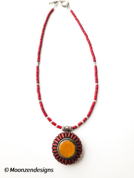 Handcrafted Necklace with Yellow Agate and Coral Tibetan Pendant picture