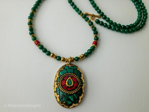 Tibetan Oval Pendant and Green Faceted Jade Beads, Brass Spacers,Red Coral Necklace picture