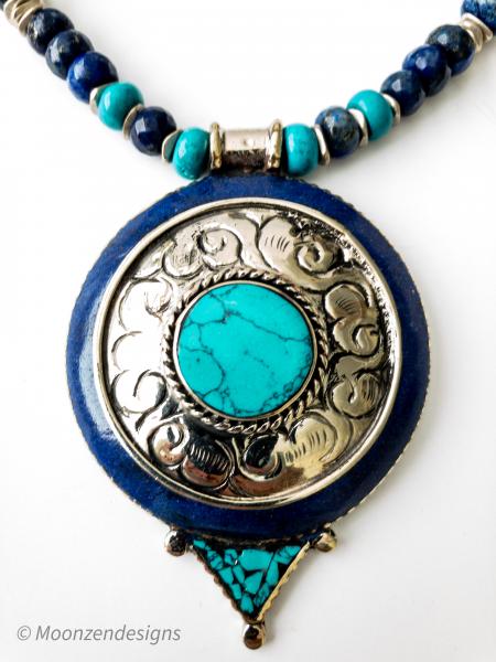 Tibetan Turquoise, Lapis Lazuli Ethnic Pendant with Lapis Lazuli and Turquoise Rondelle Beads picture