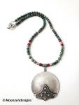 Handcrafted Necklace Antique Silver Plated Pendant, African Turquoise, Red Mykonos Greek Ceramic Beads