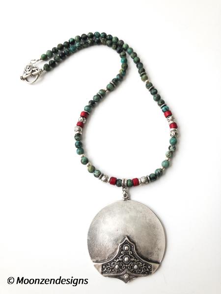 Handcrafted Necklace Antique Silver Plated Pendant, African Turquoise, Red Mykonos Greek Ceramic Beads picture